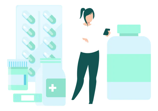 Girl Using Mobile In Pharmacy  Illustration