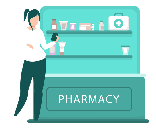 Girl Using Mobile In Pharmacy  Illustration