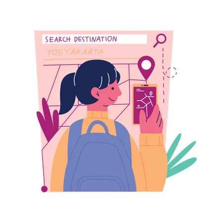 Girl using mobile map to explore unfamiliar cities Illustration