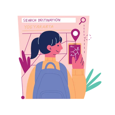 Girl using mobile map to explore unfamiliar cities  Illustration