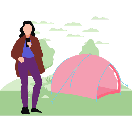 Girl using mobile near camp  Illustration