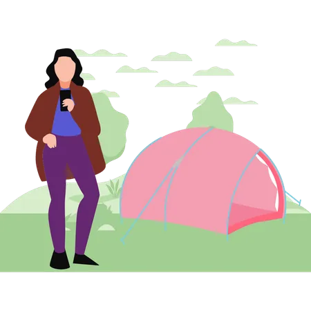 Girl Using Mobile Near Camp Illustration