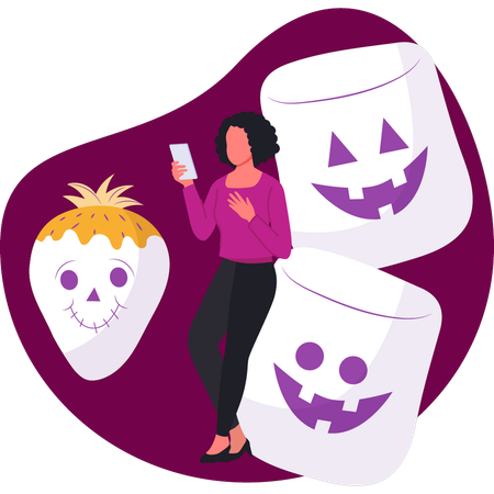 Girl using mobile on halloween  Illustration