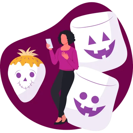 Girl using mobile on halloween  Illustration