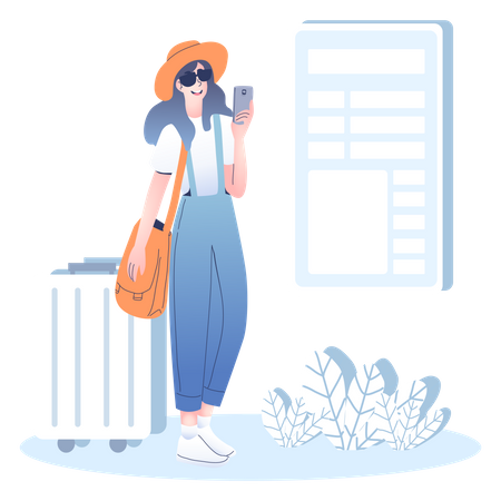 Girl using mobile on vacation Illustration