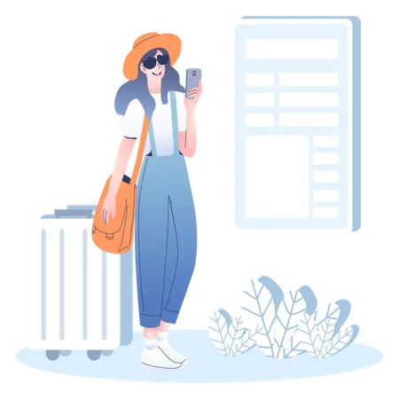 Girl using mobile on vacation Illustration