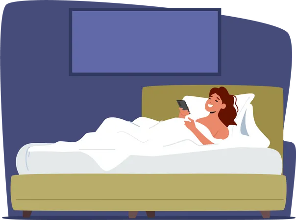 Girl using mobile phone while sleeping time Illustration