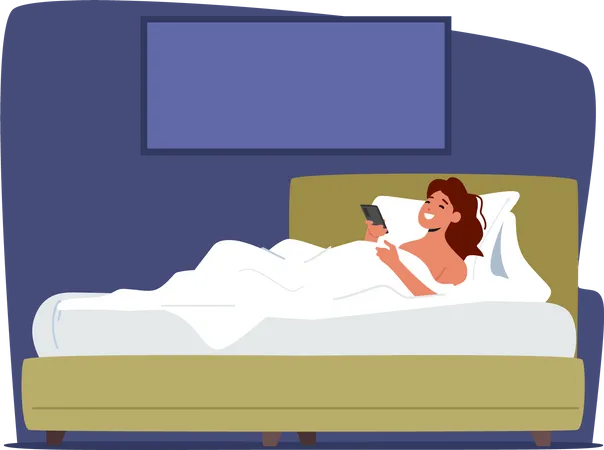 Girl using mobile phone while sleeping time  Illustration