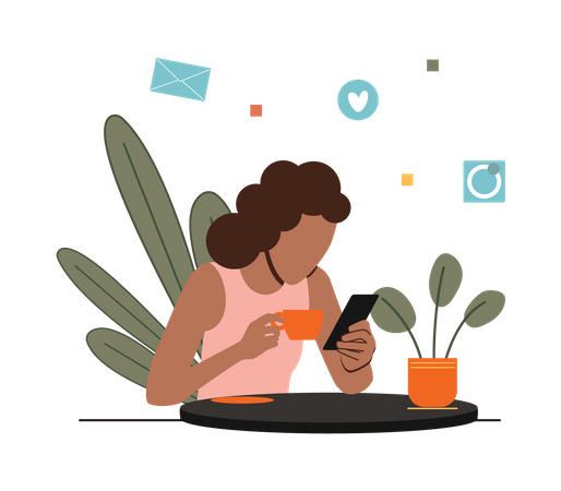 Girl using mobile while drinking coffee Illustration