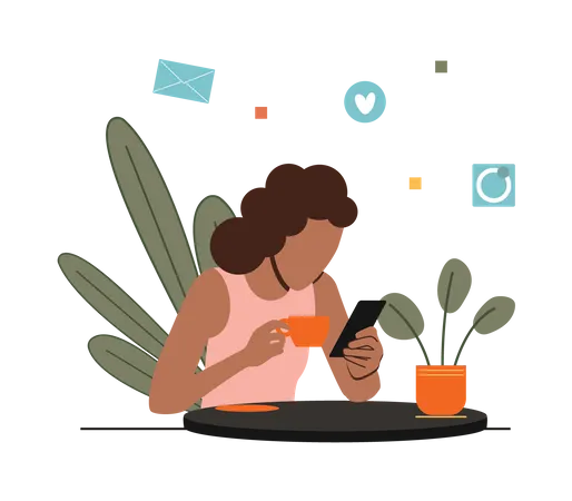Girl using mobile while drinking coffee Illustration