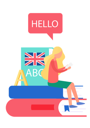 Girl using multi language dictionary  Illustration