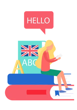 Girl using multi language dictionary  Illustration