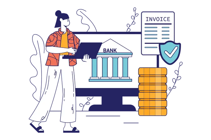 Online Banking Concept In Flat Line Design For Web Banner Woman Pays Invoice Makes Financial Transactions And Operations In App Modern People Scene Vector Illustration In Outline Graphic Style 일러스트레이션