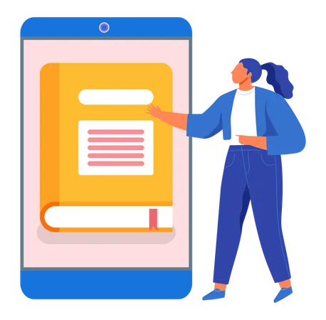 Lady Uses Application On Smartphone To Read Books Electronic Library In Phone Concept Woman Reading Books Using Modern App On Electronic Device Phone Program With Literature In Digital Library Illustration