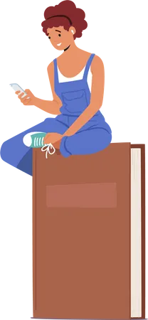 Girl Sitting On Huge Book With Smartphone In Hands Reading Online Concept Of Online Library Ebook Education World Book Reading Day With Student Female Character Cartoon People Vector Illustration Illustration