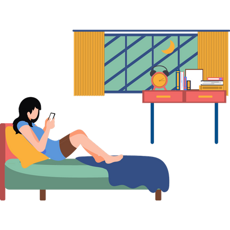 Girl using phone in bed  Illustration
