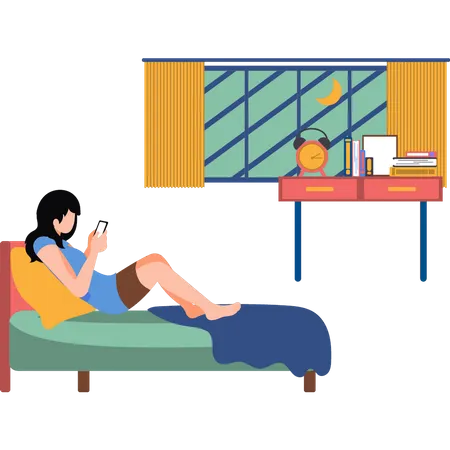 Girl using phone in bed  Illustration