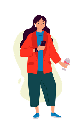 Girl using phone while having wine  Illustration