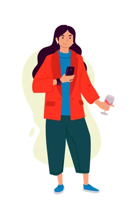 Girl using phone while having wine  Illustration