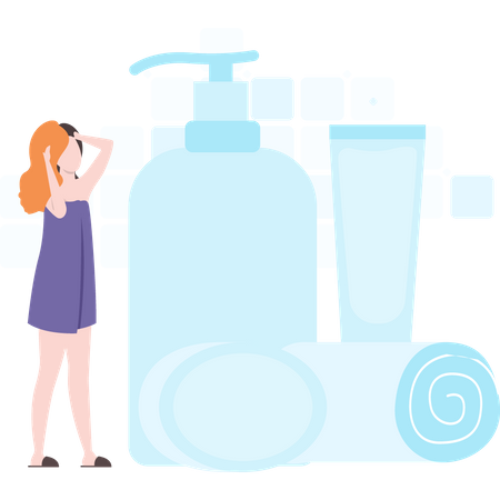 Girl using proper hair wash kit  Illustration