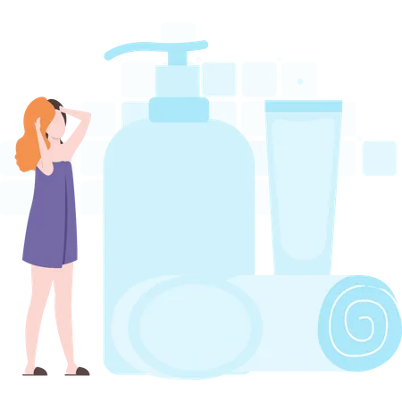 Girl using proper hair wash kit  Illustration