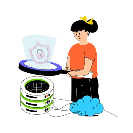 Girl using secure cloud server  Illustration