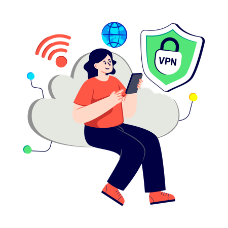 Girl using Secure Cloud Vpn  Illustration