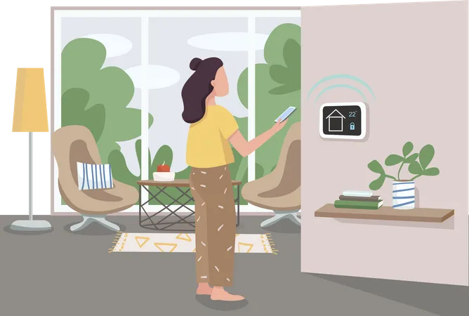 Girl using smart home management panel Illustration