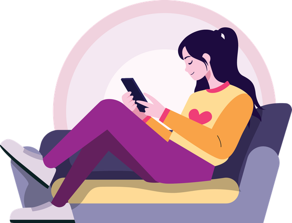 Girl Using Smart Phone While Sitting on Sofa  Illustration