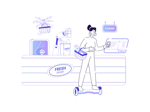 Girl using smart technology while shopping  Illustration