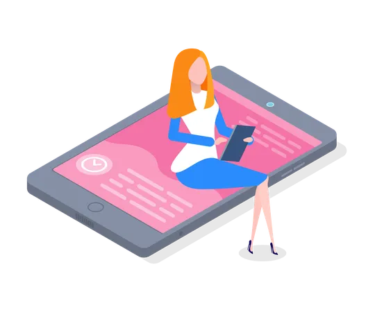 Young Woman In Blue Skirt White Blouse Sits On Pink Screen Huge Smartphone With Tablet In Her Hands And Chatting Smartphone Screen With Text Messages And Clocks Flat Illustration Isolated On White Illustration