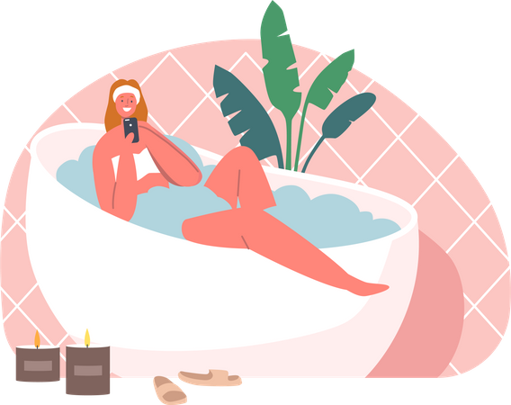 Girl using smartphone while sitting in bathtub Illustration