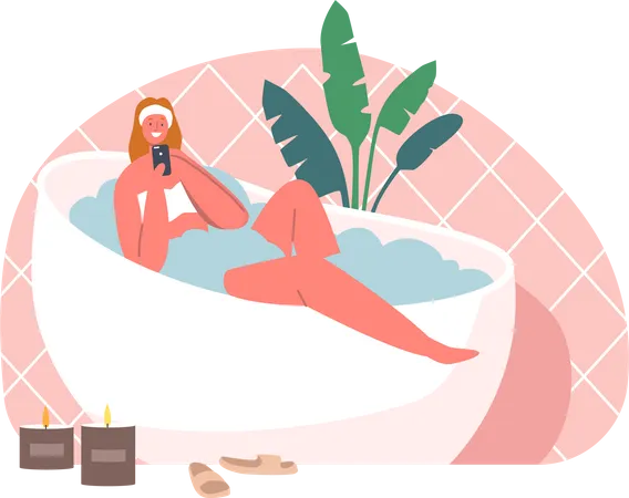 Girl using smartphone while sitting in bathtub Illustration