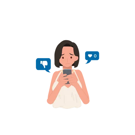 Online Social Addict Concept Woman Holding Smartphone And Getting Sad Due To No One Give Like To Her Picture Flat Vector Cartoon Character Illustration Illustration