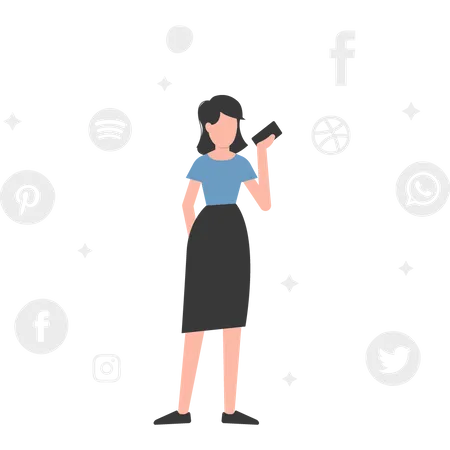 A Girl Standing And Using Mobile Phone Illustration