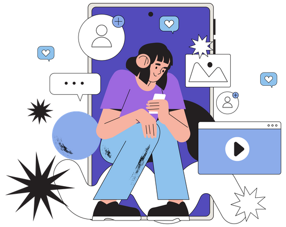 Girl using social media on phone  Illustration