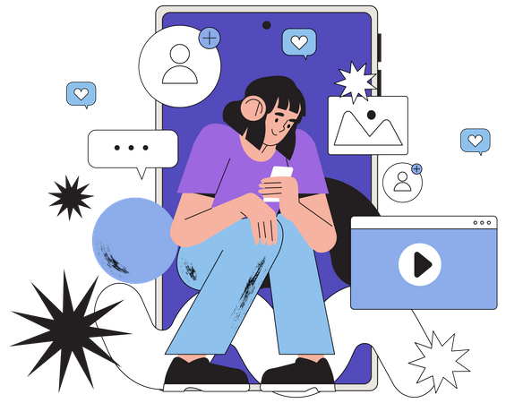 Girl using social media on phone  イラスト