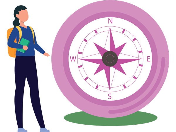 Girl using travel compass to find direction  Illustration