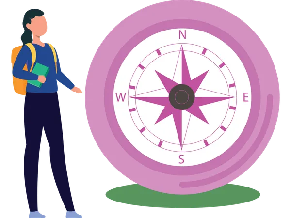 Girl using travel compass to find direction  Illustration
