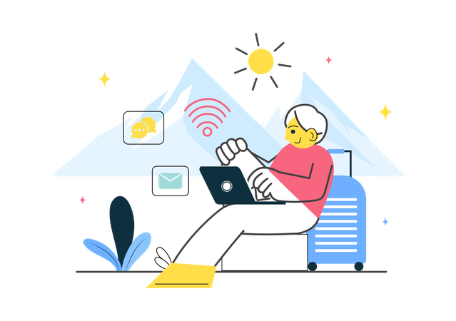 Girl usnig laptop working on vacation  Illustration
