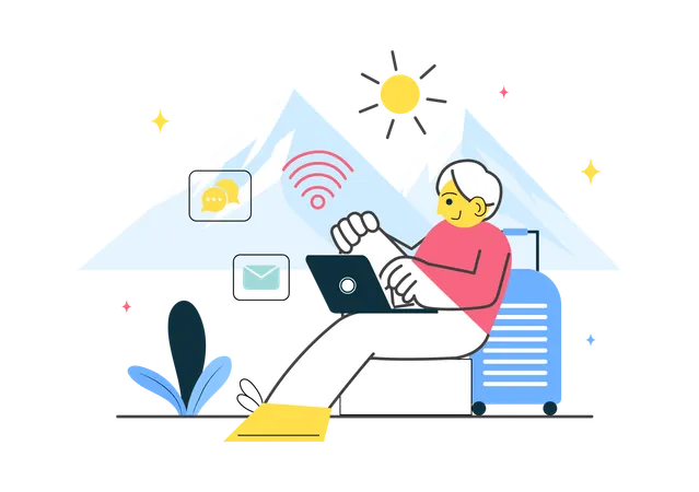 Girl usnig laptop working on vacation  Illustration