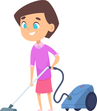 Girl vacuuming floor at home Illustration
