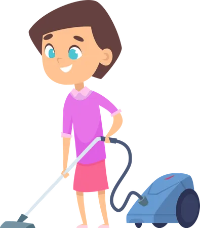 Girl vacuuming floor at home Illustration