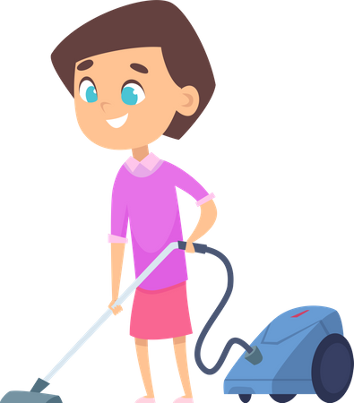 Girl vacuuming floor at home  Illustration