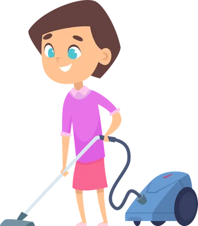 Girl vacuuming floor at home  Illustration