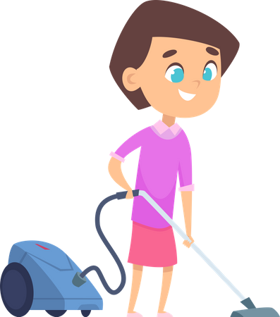 Girl vacuuming floor using vacuum machine  일러스트레이션