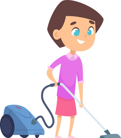 Girl vacuuming floor using vacuum machine  일러스트레이션