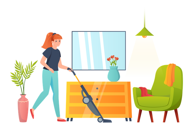 Girl vacuuming the floor at home  Illustration