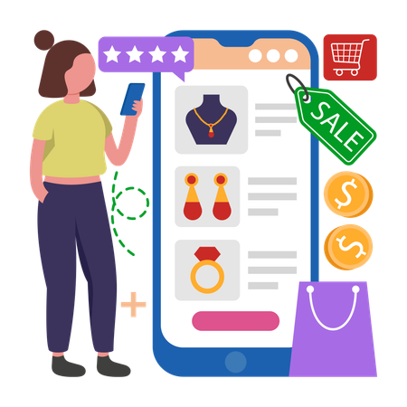 Girl visiting Online Jewelery Store  Illustration