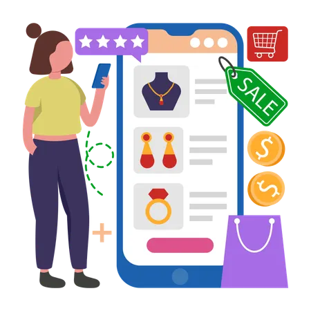 Girl visiting Online Jewelery Store  Illustration